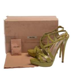 Miu Miu Green Patent Leather Criss Cross Ankle Strap Platform Sandals Size 41.5