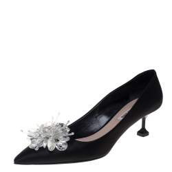 Pre Owned Miu Miu Black Satin Floral Crystal Embellished Pointed Toe Pumps Size 39.5