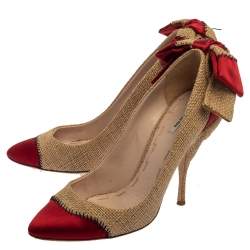Pre Owned Miu Miu Beige/Red Jute And Satin Bow Pumps Size 39