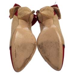 Pre Owned Miu Miu Beige/Red Jute And Satin Bow Pumps Size 39