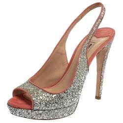 Miu Miu Pink/Silver Glitter And Suede Peep Toe Sandals Size 40