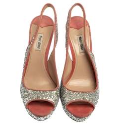 Miu Miu Pink/Silver Glitter And Suede Peep Toe Sandals Size 40