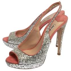 Miu Miu Pink/Silver Glitter And Suede Peep Toe Sandals Size 40