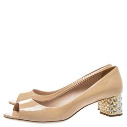 Miu Miu Beige Patent Leather Crystal Embellished Heel Pumps Size 40.5