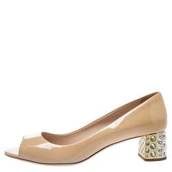 Miu Miu Beige Patent Leather Crystal Embellished Heel Pumps Size 40.5