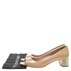Miu Miu Beige Patent Leather Crystal Embellished Heel Pumps Size 40.5