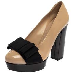 Pre Owned Miu Miu Beige/Black Patent Leather Bow Pumps Size 35
