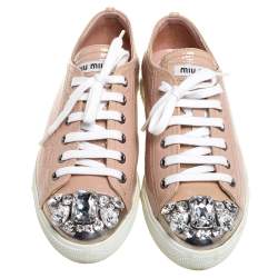 Pre Owned Miu Miu Beige Patent Leather Crystal Embellished Low Top Sneakers Size 37