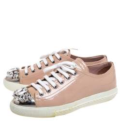 Pre Owned Miu Miu Beige Patent Leather Crystal Embellished Low Top Sneakers Size 37