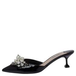 مملوكة مسبقًا Miu Miu Black Patent Leather Embellished Pointed Toe Mules Size 39.5
