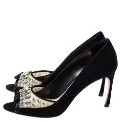 مملوكة مسبقًا حذاء كعب عالى ميو ميو مقدمة مفتوحة سويدى وبى فى سى زخرفة كريستال أسود مقاس 38.5