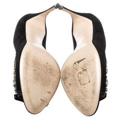 مملوكة مسبقًا حذاء كعب عالى ميو ميو مقدمة مفتوحة سويدى وبى فى سى زخرفة كريستال أسود مقاس 38.5