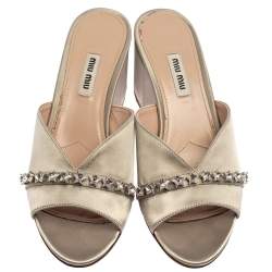 Miu Miu Grey Satin Crystal Embellished Slide Mule Sandals Size 37.5
