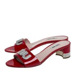 Miu Miu Red Patent Leather Embellished Slide Sandals Size 39