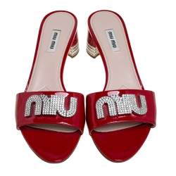 Miu Miu Red Patent Leather Embellished Slide Sandals Size 39