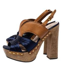 Miu Miu Blue Satin And Leather Studded Platform Sandals Size 39