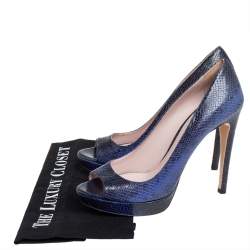 Miu Miu Blue/Black Python Embossed Leather Peep Toe Platform Pumps Size 39.5