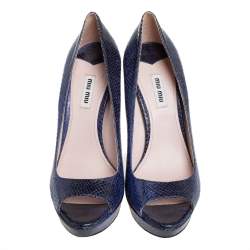 Miu Miu Blue/Black Python Embossed Leather Peep Toe Platform Pumps Size 39.5