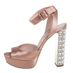 مملوكة مسبقًا Miu Miu Nude Satin Embellished Block Heel Peep Toe Platform Ankle Strap Sandals Size 38.5
