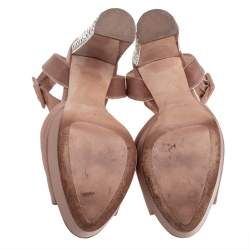 مملوكة مسبقًا Miu Miu Nude Satin Embellished Block Heel Peep Toe Platform Ankle Strap Sandals Size 38.5