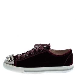 Pre Owned Miu Miu Burgundy Velvet Embellished Cap Toe Low Top Sneakers Size 40