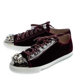 Pre Owned Miu Miu Burgundy Velvet Embellished Cap Toe Low Top Sneakers Size 40