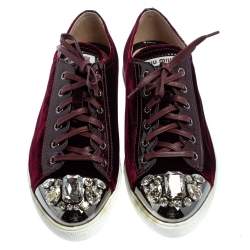 Pre Owned Miu Miu Burgundy Velvet Embellished Cap Toe Low Top Sneakers Size 40