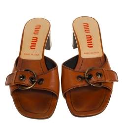 Miu Miu Brown Leather Buckle Embellished Slide Sandals Size 38