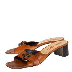 Miu Miu Brown Leather Buckle Embellished Slide Sandals Size 38