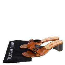 Miu Miu Brown Leather Buckle Embellished Slide Sandals Size 38