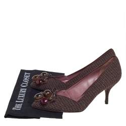 Miu Miu Vintage Brown Wool Houndstooth Enamel Embellished Work Pumps Size 36