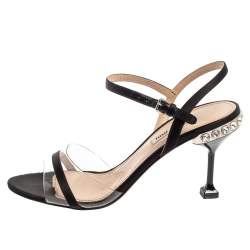 مملوكة مسبقًا Miu Miu Black Satin And PVC Embellished Heel Ankle Strap Sandals Size 38.5