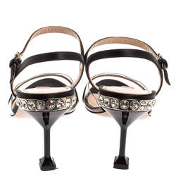 مملوكة مسبقًا Miu Miu Black Satin And PVC Embellished Heel Ankle Strap Sandals Size 38.5