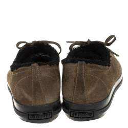 Miu Miu Olive Green Suede And Shearling Studded Cap Toe Sneakers Size 38