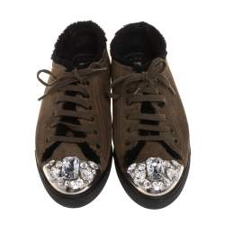 Miu Miu Olive Green Suede And Shearling Studded Cap Toe Sneakers Size 38