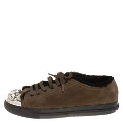 Miu Miu Olive Green Suede And Shearling Studded Cap Toe Sneakers Size 38