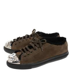 Miu Miu Olive Green Suede And Shearling Studded Cap Toe Sneakers Size 38