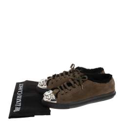 Miu Miu Olive Green Suede And Shearling Studded Cap Toe Sneakers Size 38