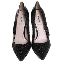 Miu Miu Black Glitter And Patent Leather Pointed Toe Pumps Size 40