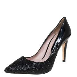 Miu Miu Black Glitter And Patent Leather Pointed Toe Pumps Size 40