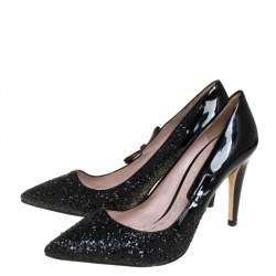 Miu Miu Black Glitter And Patent Leather Pointed Toe Pumps Size 40