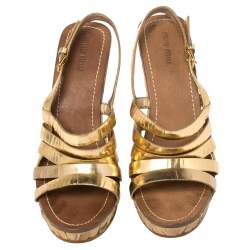 Miu Miu Gold Leather Panel Bamboo Wedge Sandals Size 40