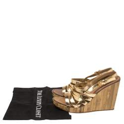 Miu Miu Gold Leather Panel Bamboo Wedge Sandals Size 40