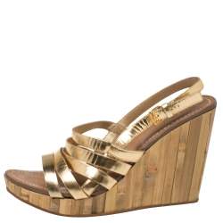 Miu Miu Gold Leather Panel Bamboo Wedge Sandals Size 40