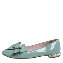 Pre Owned Miu Miu Green Patent Leather Crystal Embellished Bow Ballet Flats Size 36