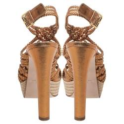 Pre Owned صندل إسبادريل ميو ميو جلد ذهبي كعب مربع سميك مقاس 36