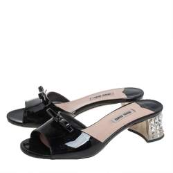 Miu Miu Black Patent Leather Crystal Embellishment Mule Sandals Size 37