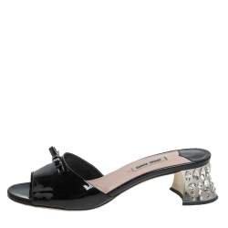 Miu Miu Black Patent Leather Crystal Embellishment Mule Sandals Size 37
