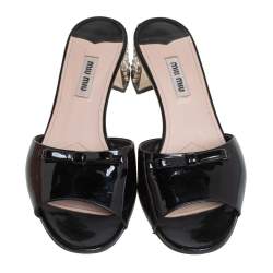 Miu Miu Black Patent Leather Crystal Embellishment Mule Sandals Size 37