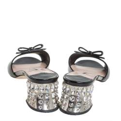 Miu Miu Black Patent Leather Crystal Embellishment Mule Sandals Size 37